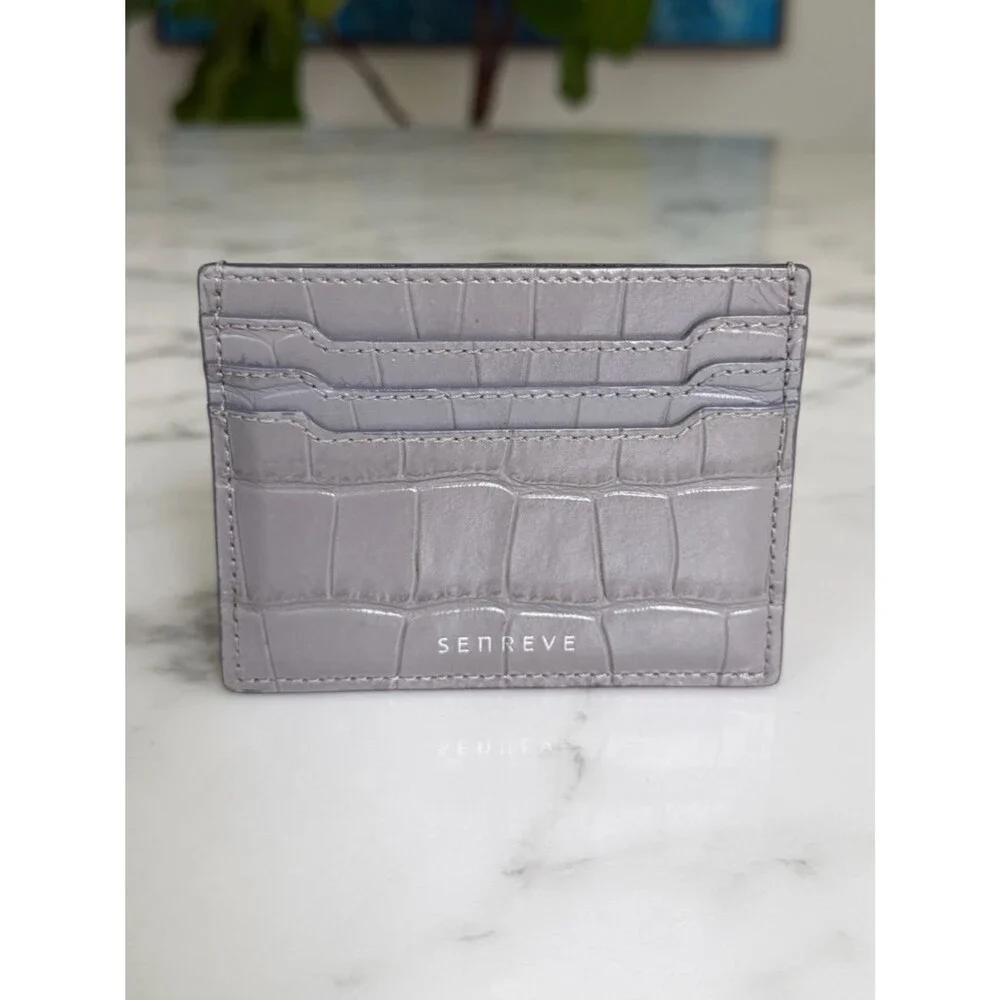 Senreve Carte Folio Dragon Croc Embossed Leather Card Holder Storm Gray